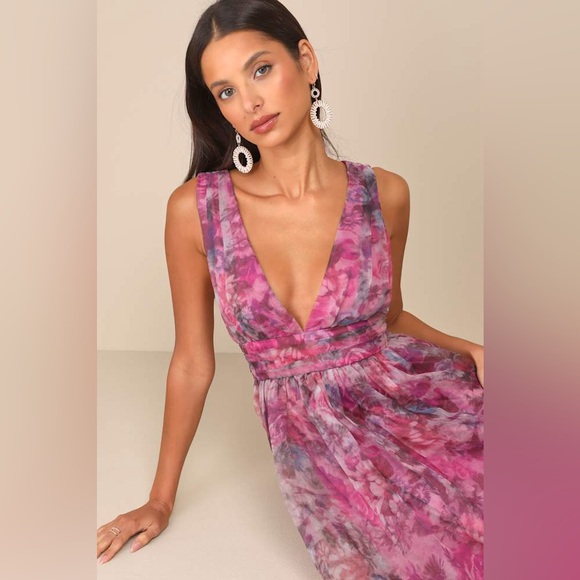 Lulus Garden Romance Magenta Floral Organza Gown Medium - Picture 4 of 8